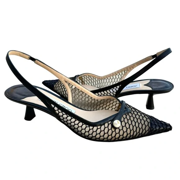 Jimmy Choo Amita 45 Black Slingback Nappa Leather Fishnet Mesh Kitten Heel Pump